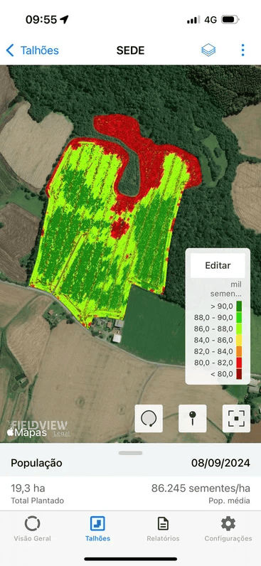 Mapa de produtividade agrícola de uma fazenda em 2025, destacando áreas de alta, média e baixa produção com cores variadas e análise de produtividade por hectare.